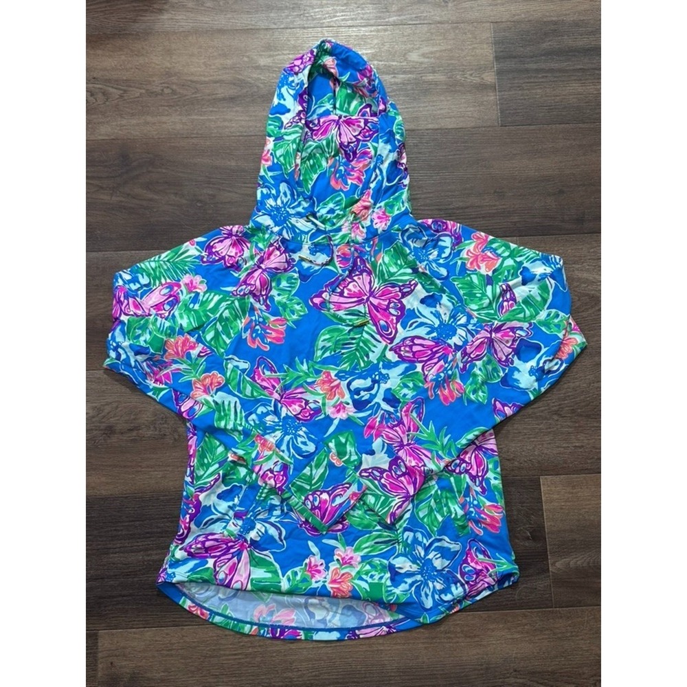Lilly Pulitzer UPF 50+ ChillyLilly Hooded Top Blue Butterfly Floral Print Medium